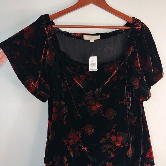 Loft Womens Black Floral Velvet Off the Shoulder Top Large NWT Fairy Grunge Chic - Picture 4 of 10